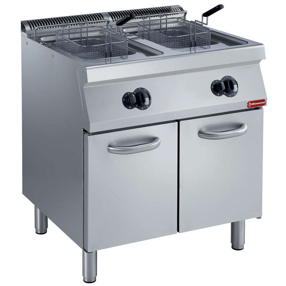 Friteuse gaz 2 cuves en "Y" 2x 15 litres, brûleurs extérieurs, sur armoire