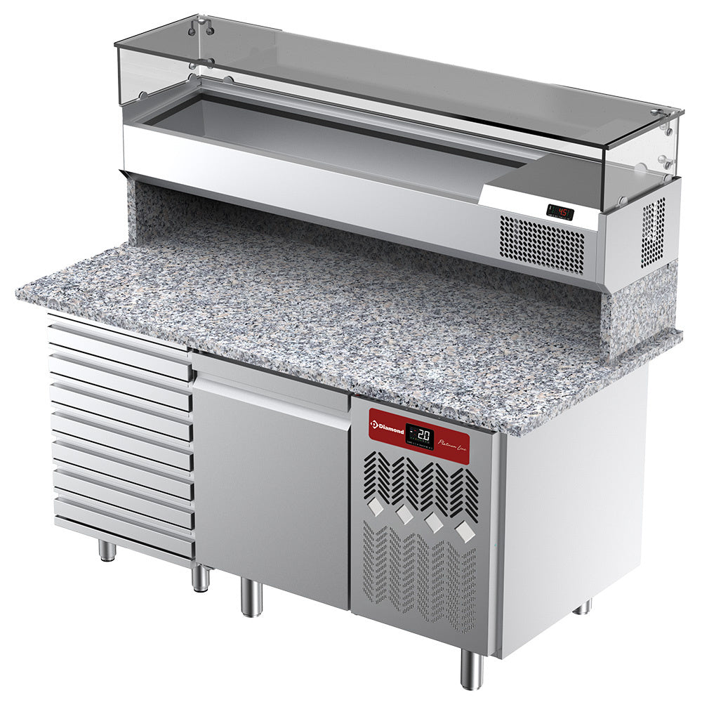 Table frigorifique, ventilée, pour pizza 1 porte et 7 tiroirs avec  vitrine refrigérée 1600x380x410 et plan de travail en granit