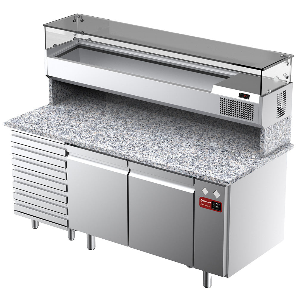 Table frigorifique, ventilée, pour pizza 2 portes et 7 tiroirs avec  vitrine refrigérée 1800x380x410 et plan de travail en granit