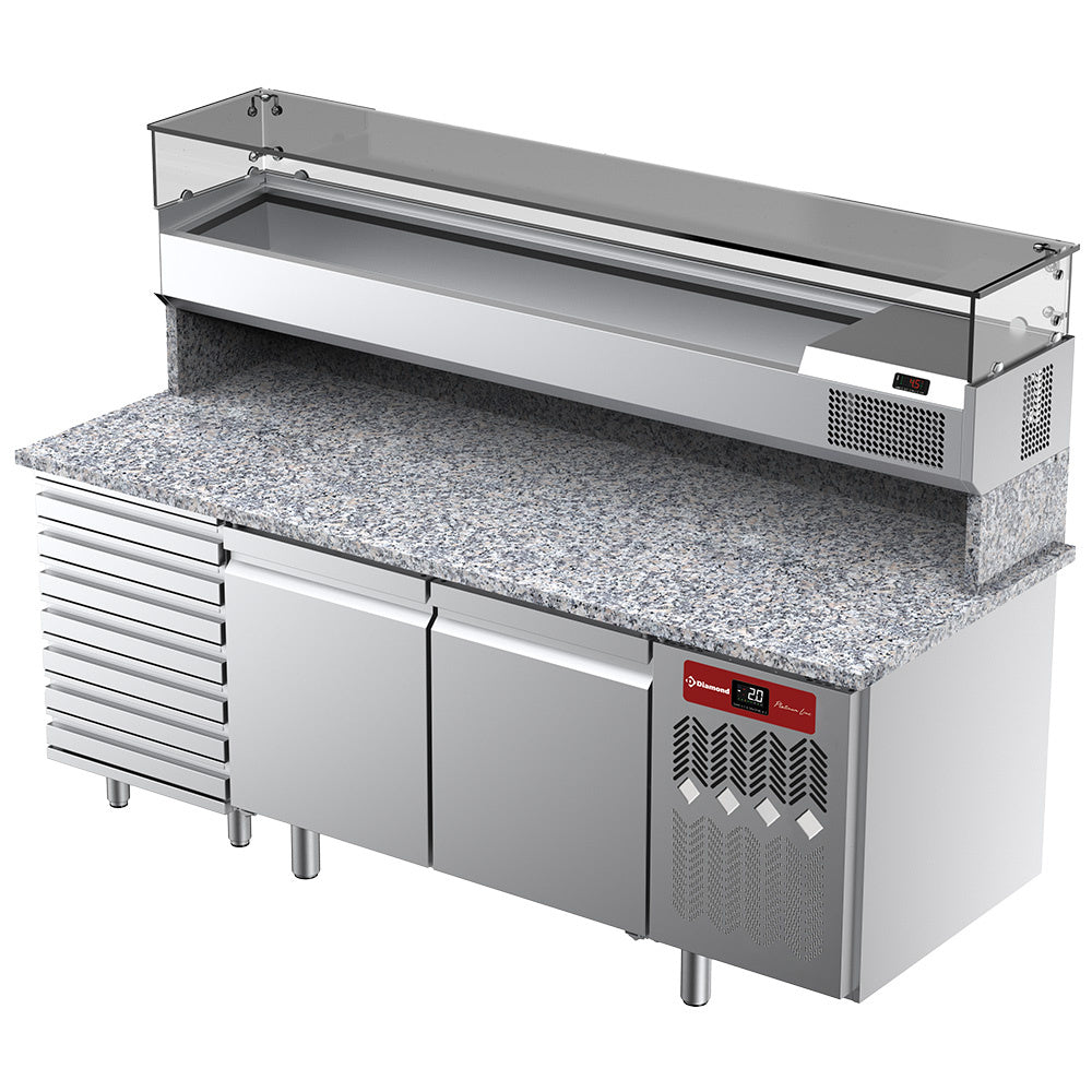 Table frigorifique, ventilée, pour pizza 2 portes et 7 tiroirs avec  vitrine refrigérée 2000x380x410 et plan de travail en granit