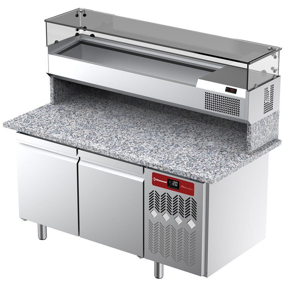 Table frigorifique, ventilée, pour pizza 2 portes avec  vitrine refrigérée 1600x380x410 et plan de travail en granit