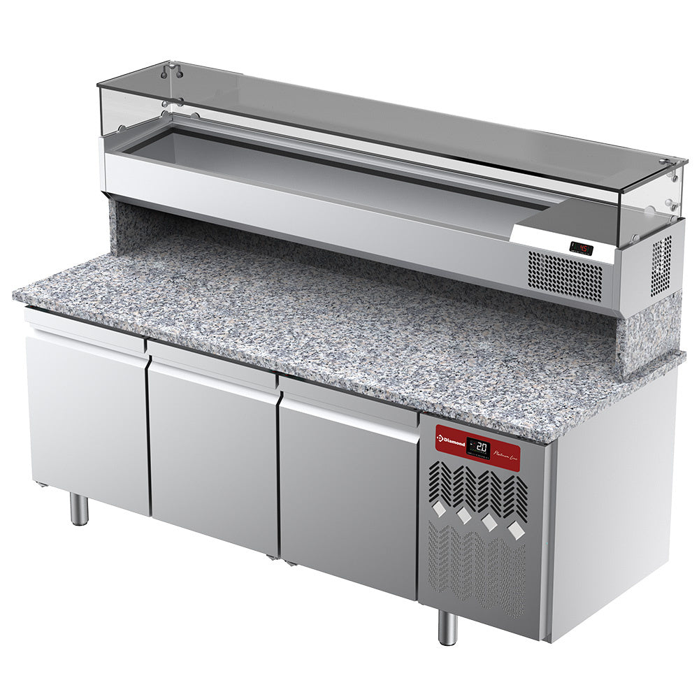 Table frigorifique, ventilée, pour pizza 3 portes avec  vitrine refrigérée 2000x380x410 et plan de travail en granit